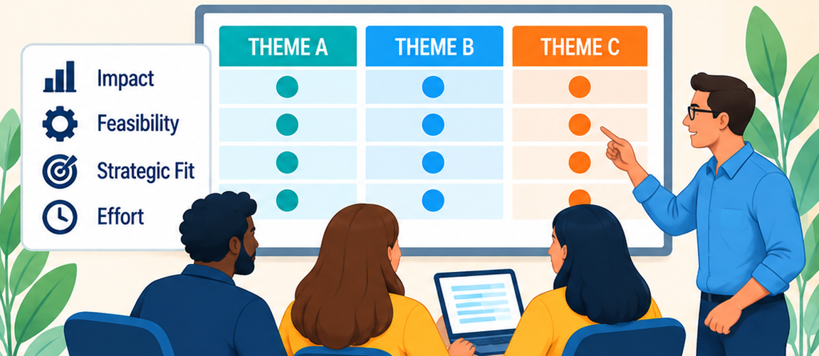 A group scoring themes against shared criteria