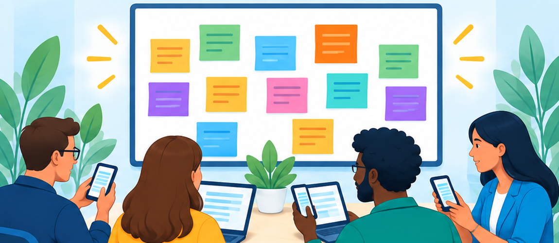 People contributing ideas from laptops and phones onto a shared board